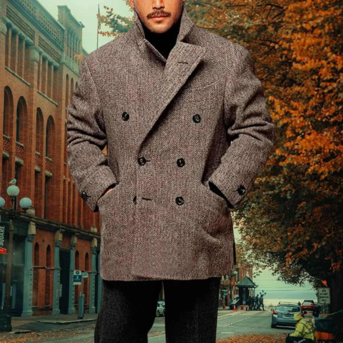 Voss | Men's Double Breasted Tweed Overcoat Gray Wool Blend