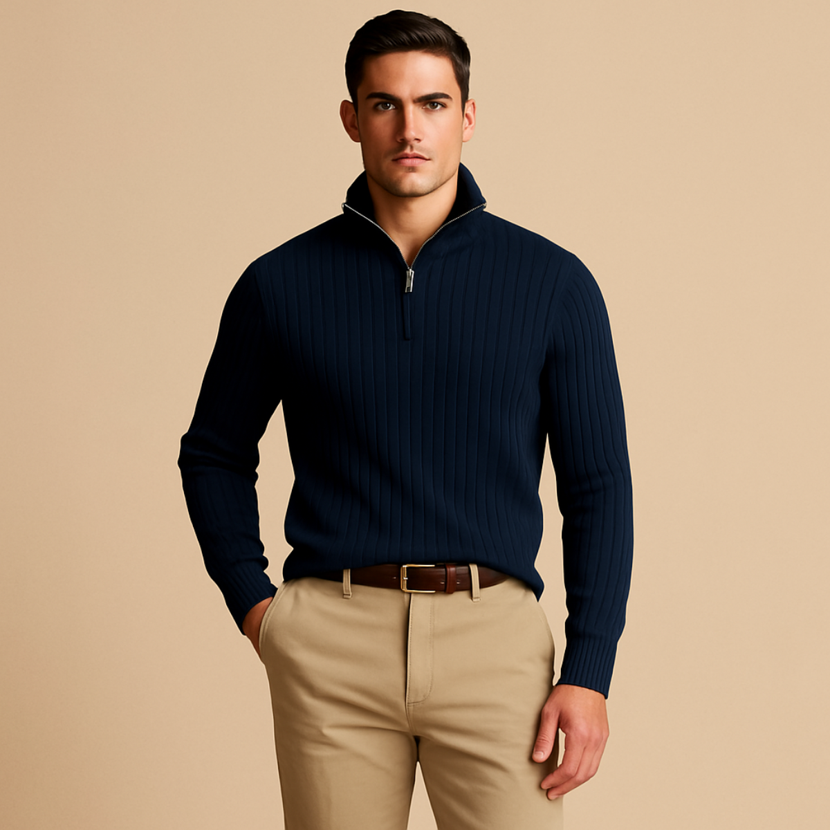 Axel | Men's Ribbed Quarter Zip Sweater Navy Gold Zipper
