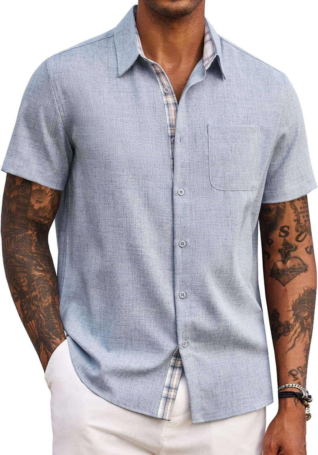 Demi | Men's Linen Shirt Light Blue Short Sleeve Button Down