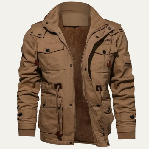Dama Washington Ashton men's utility jacket beige cargo pockets hooded - front view