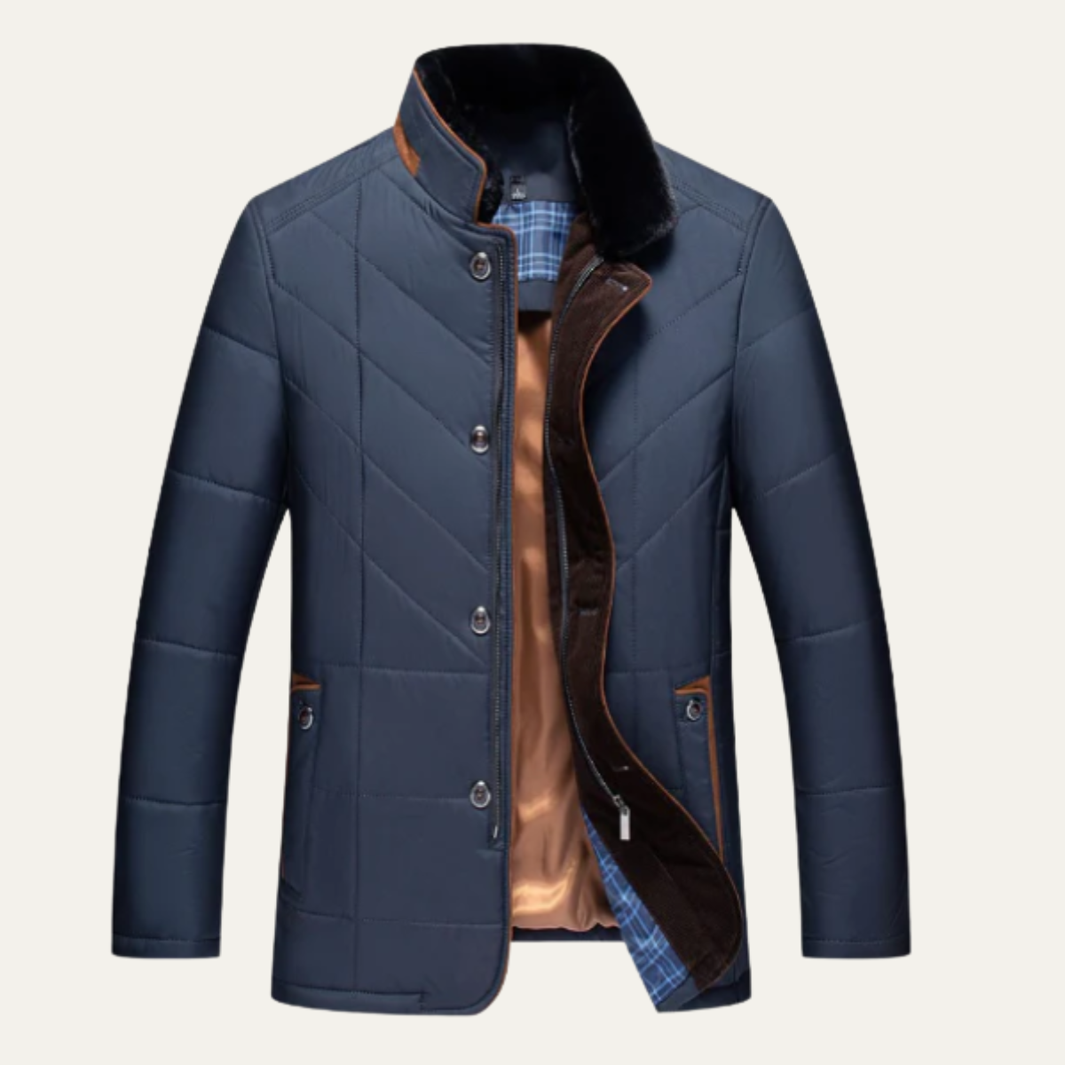 Bram | Men's Quilted Puffer Jacket Navy Velvet Collar