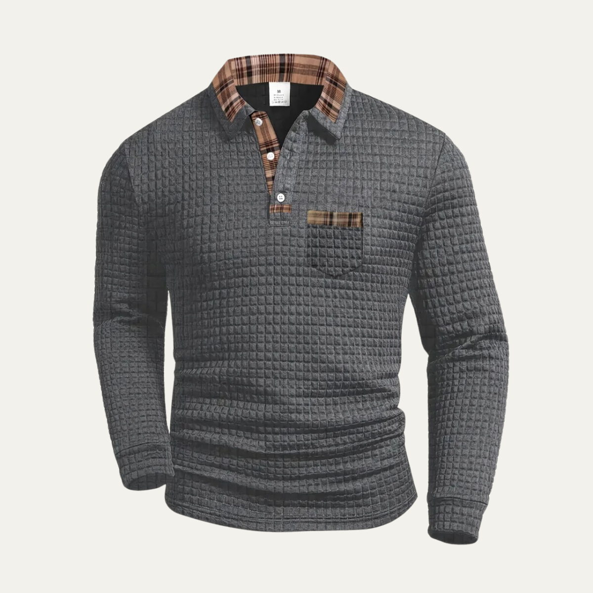 Beau | Men's Waffle Knit Polo Sweater Gray Plaid Collar