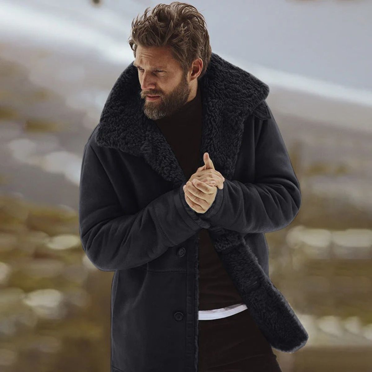 Voss | Men's Sherpa Lined Wool Overcoat Black