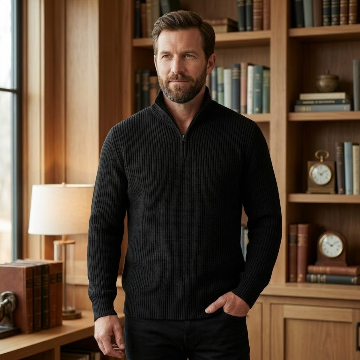 Bram | Men's Quarter Zip Sweater Black Ribbed Knit