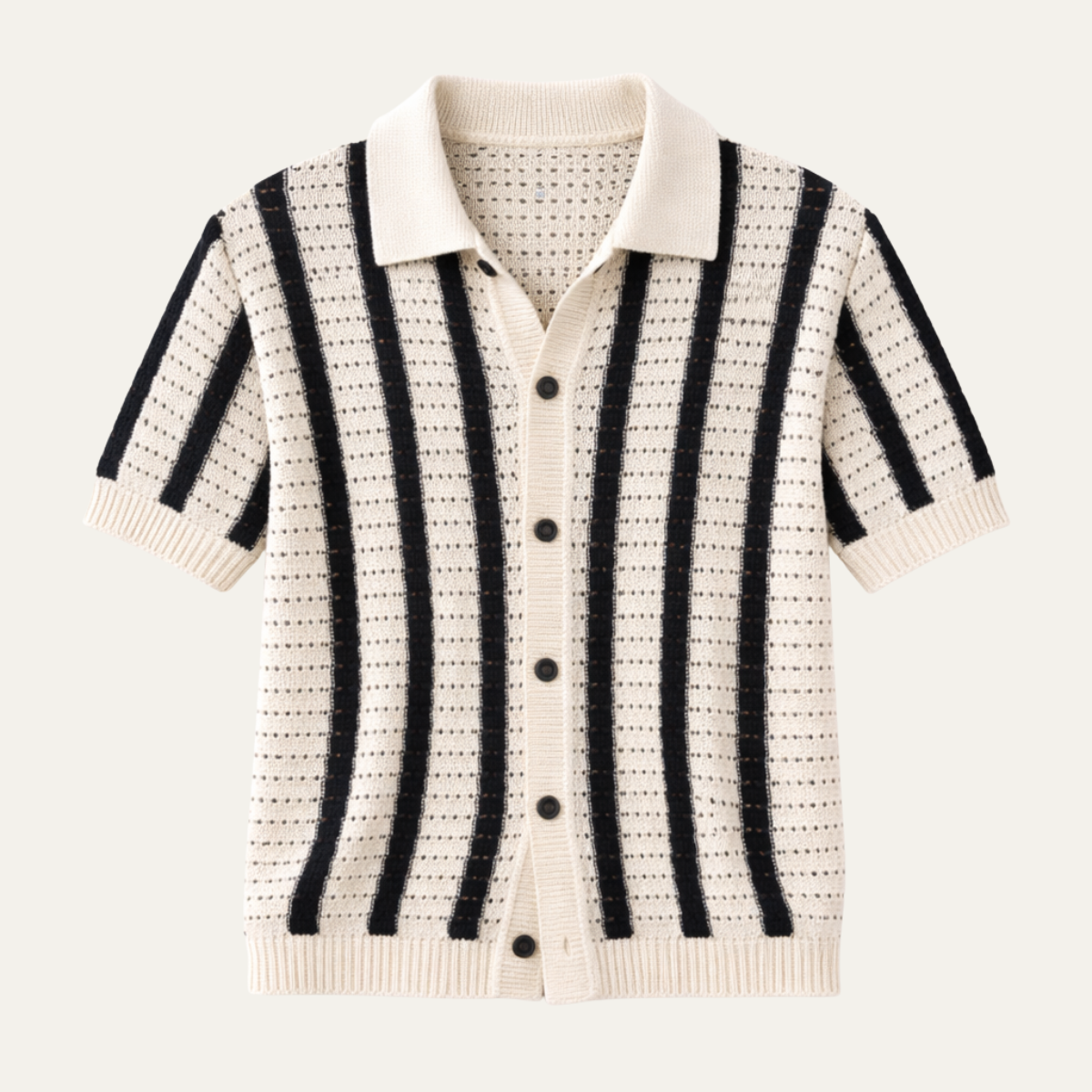 Orrin | Men's Striped Knit Polo Shirt Cream Black Short Sleeve