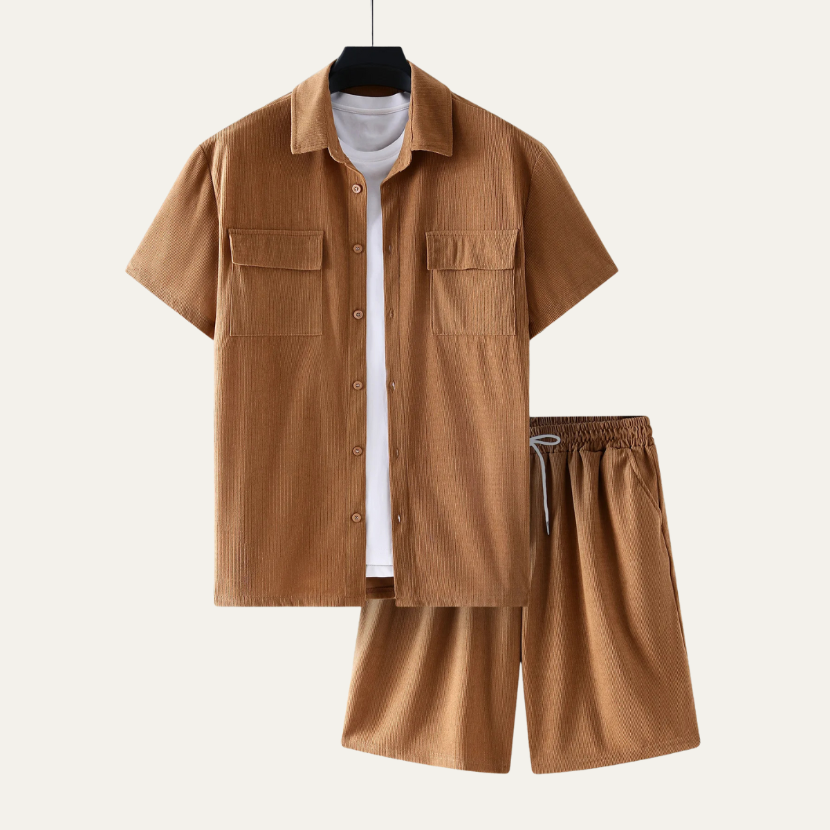 Beau | Men's Casual Corduroy Shorts Set Tan Short Sleeve