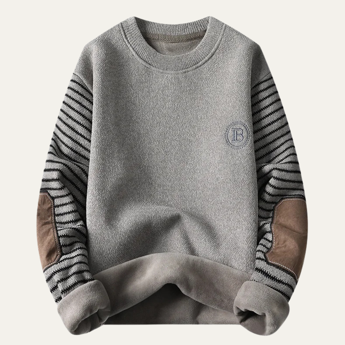 Callum | Men's Crew Neck Sweater Gray Striped Sleeve Elbow Patch