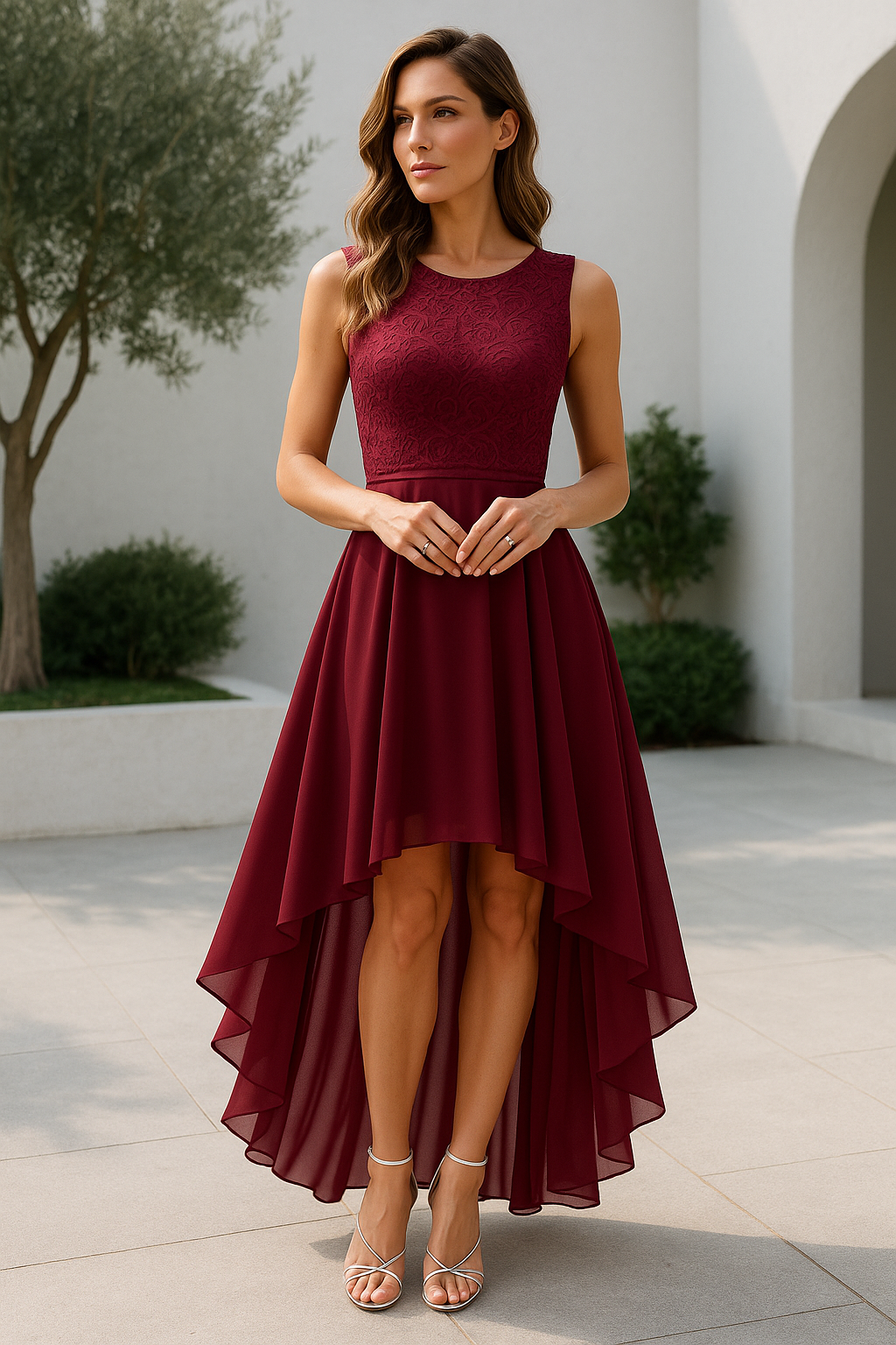 Lola | Women's High Low Formal Dress Burgundy Lace