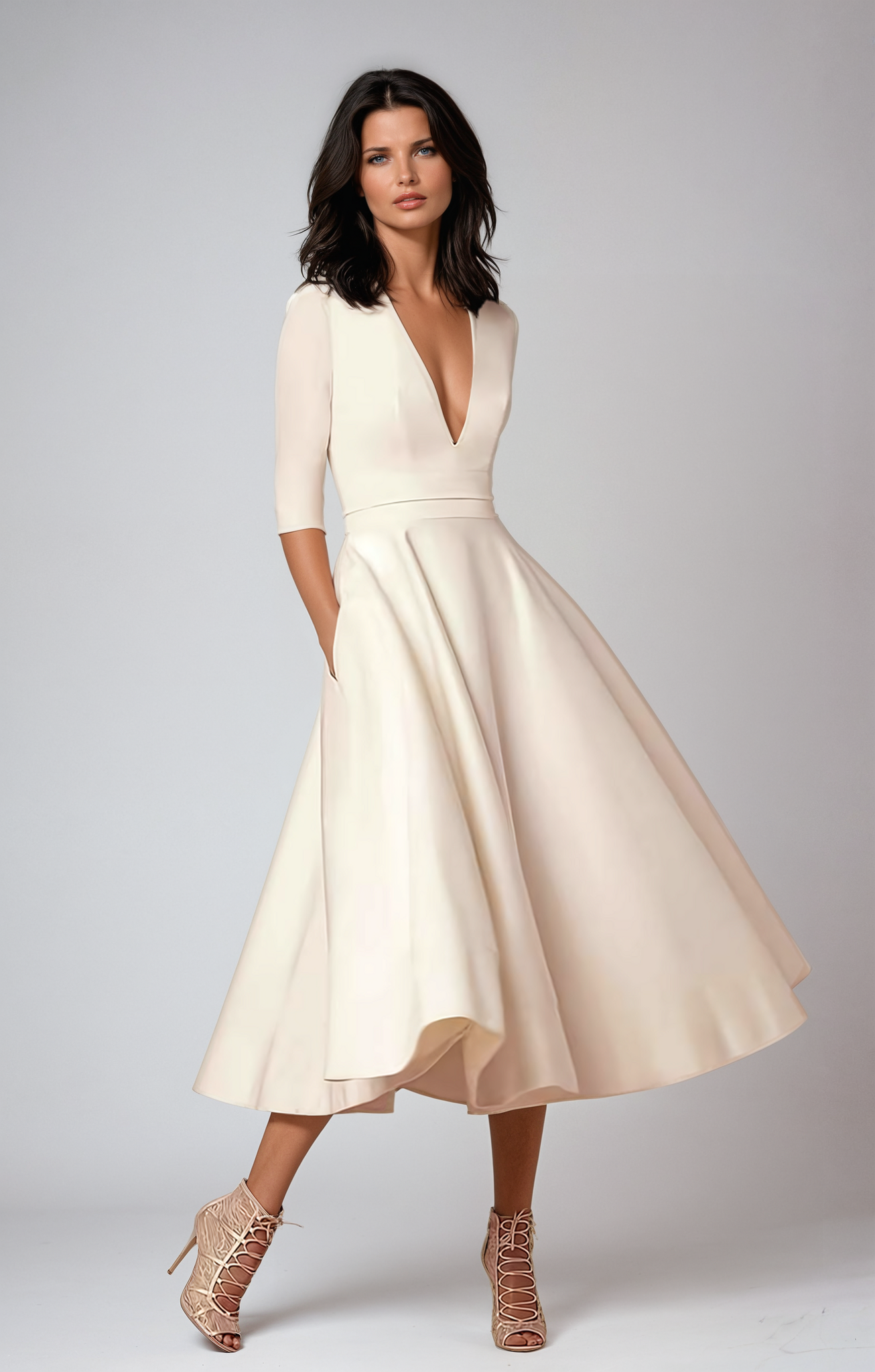 Margot | Women's A Line Midi Dress Cream V Neck Three Quarter Sleeve