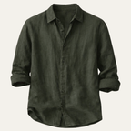 Dama Washington Ezra men's casual linen button up shirt olive green - front view