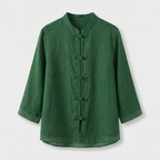 Camille | Women's Linen Shirt Green Mandarin Collar Button Up