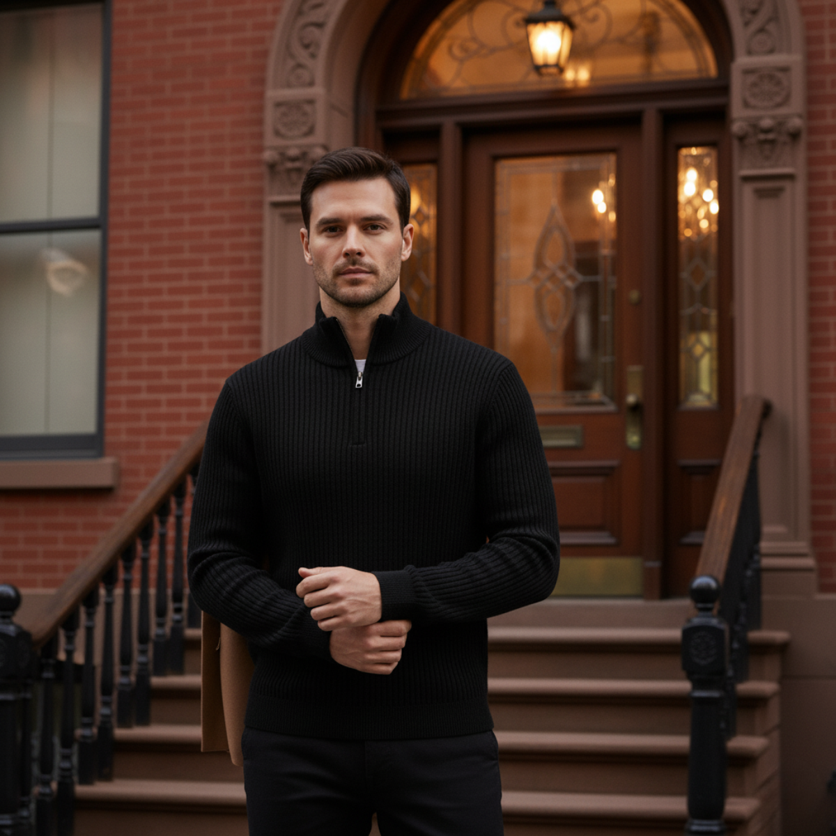 Wren | Men's Quarter Zip Sweater Black Ribbed Knit