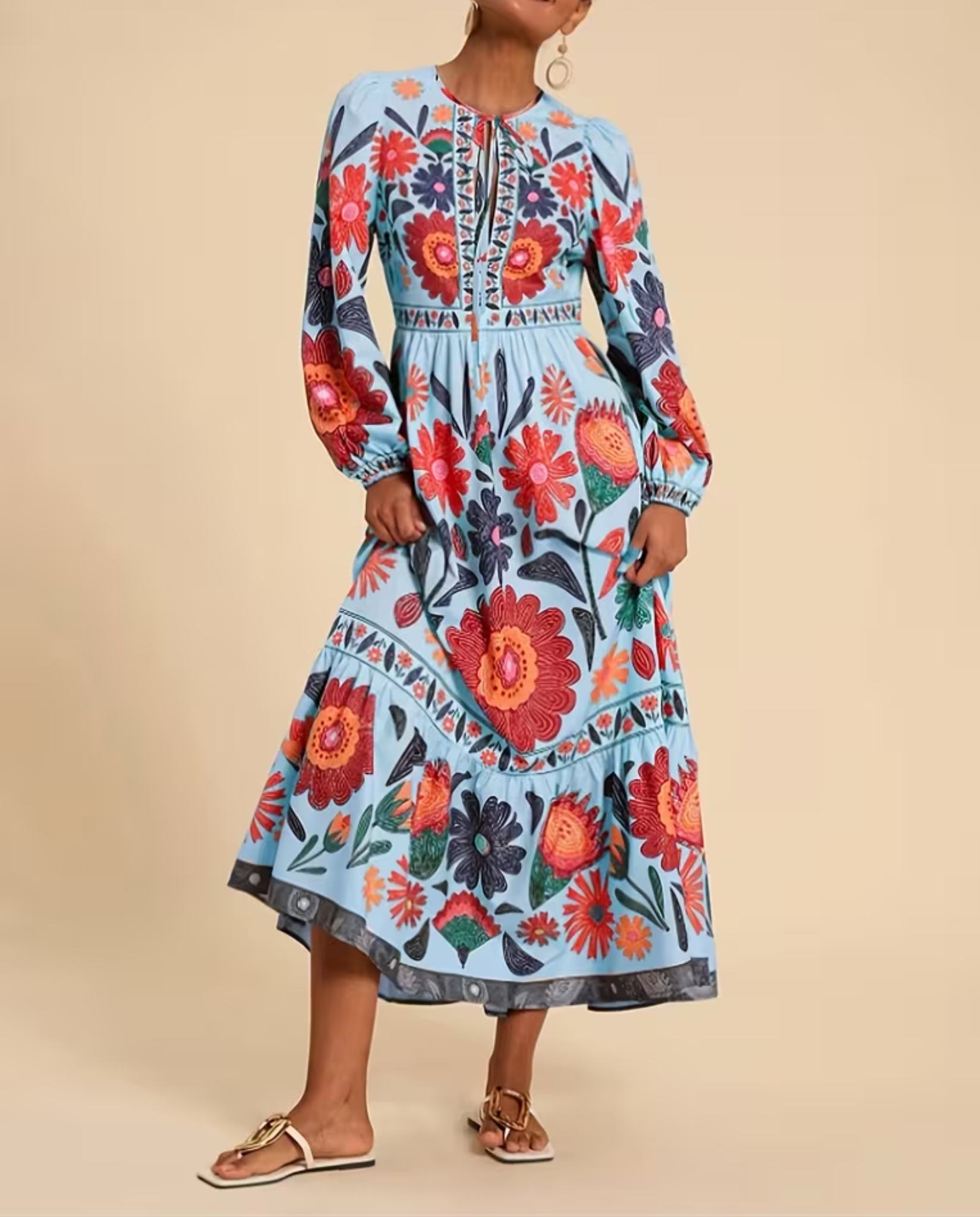 Rue | Women's Floral Maxi Dress Puff Long Sleeves