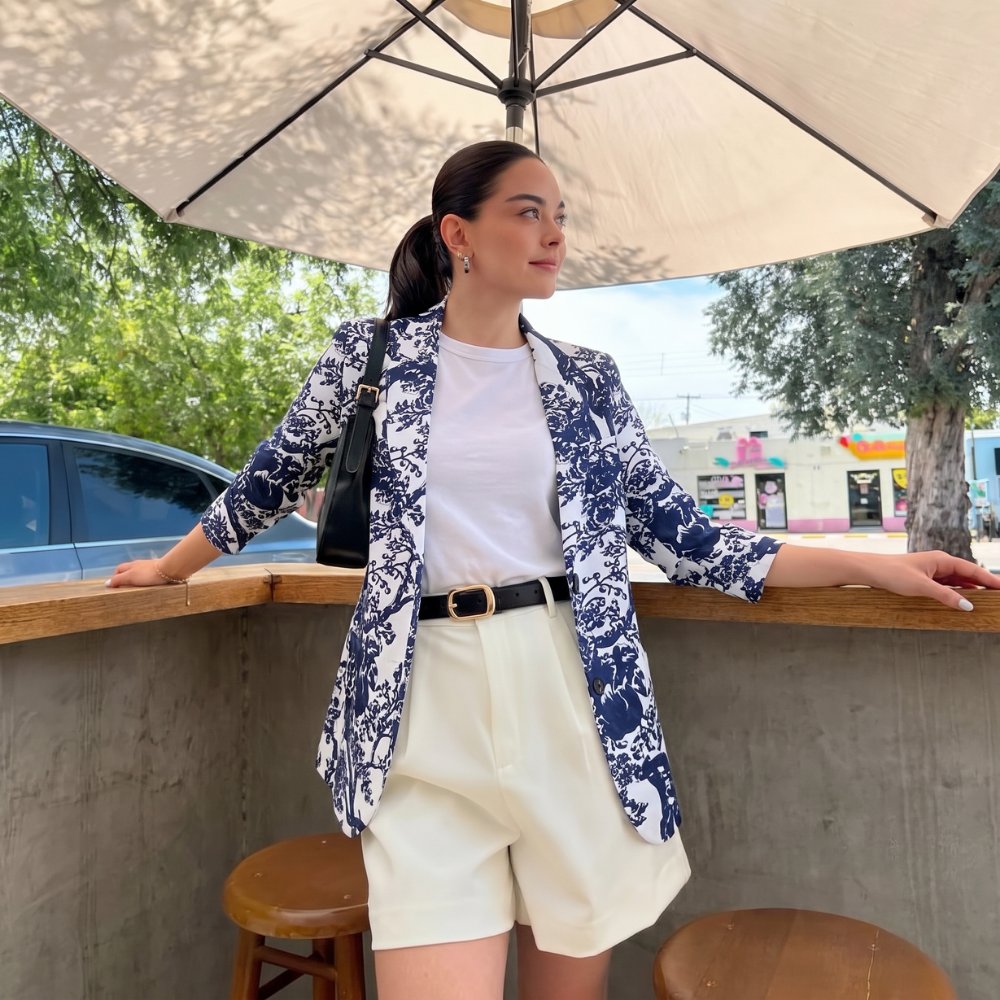 Greta | Women's Floral Print Blazer Navy White Long Sleeve