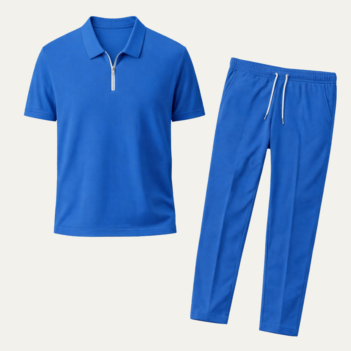 Ezra | Men's Sweatsuit Blue Textured Short Sleeve Zip Polo