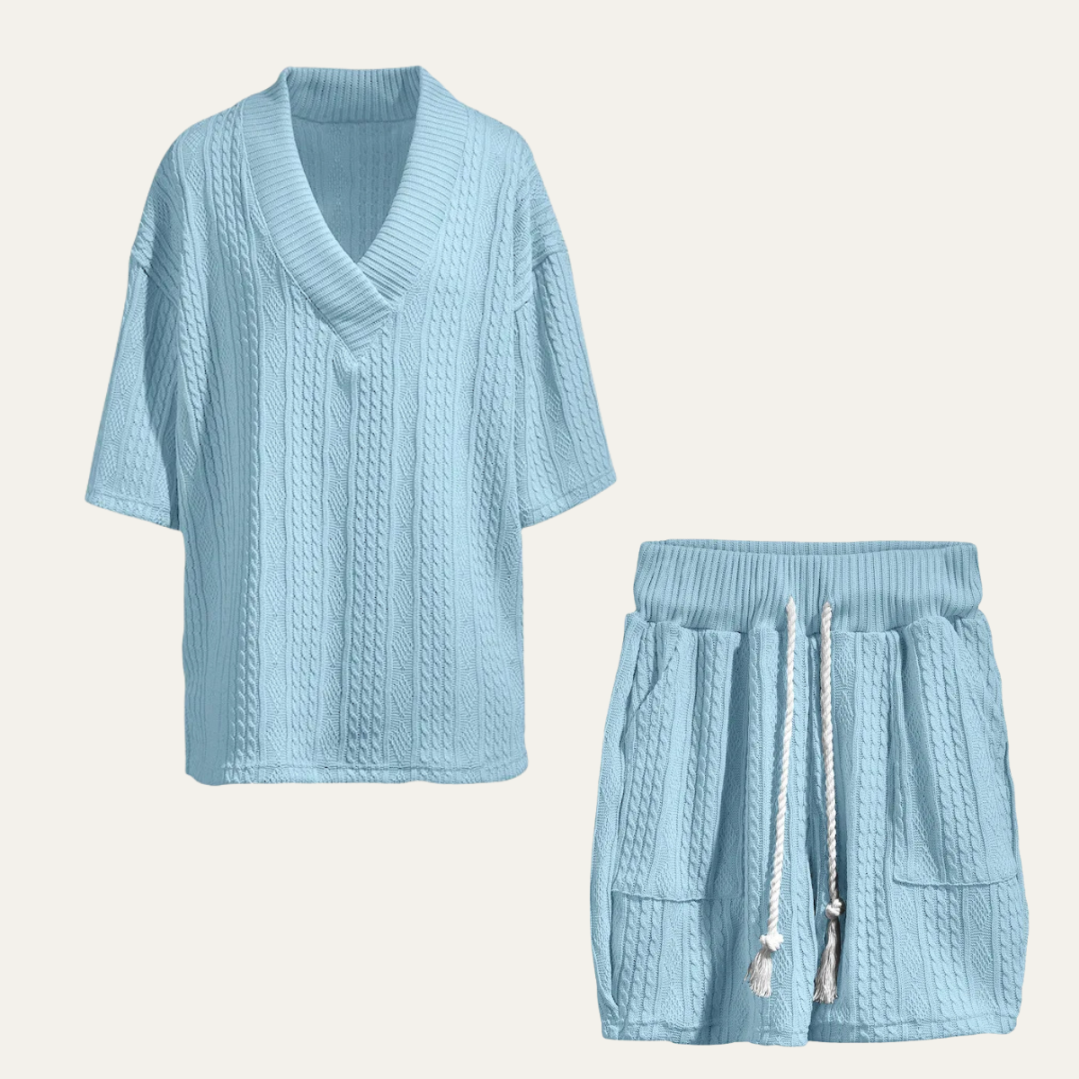 Bram | Men's Lounge Set Light Blue Cable Knit V Neck Shorts