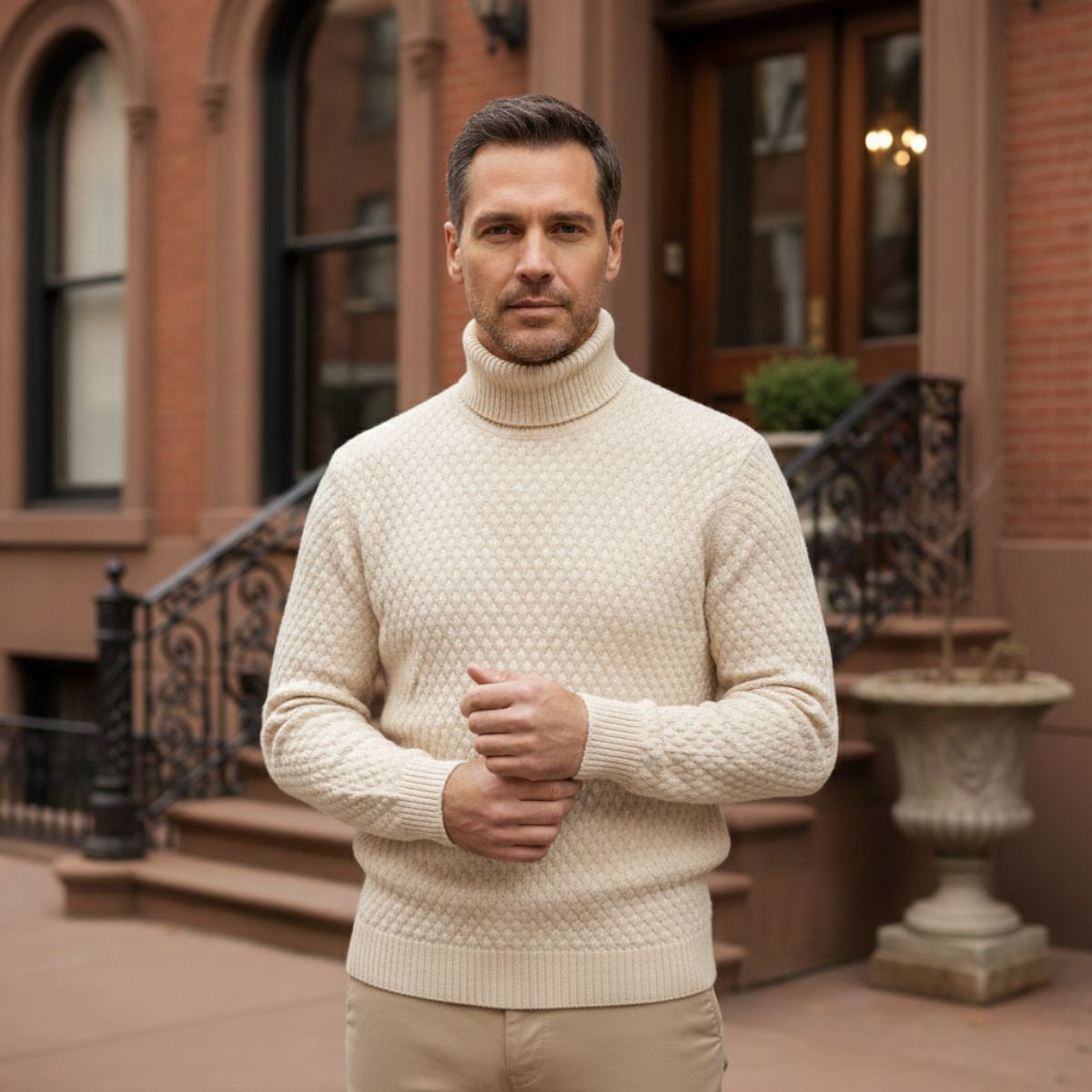 Ezra | Men's Turtleneck Cable Knit Sweater Cream