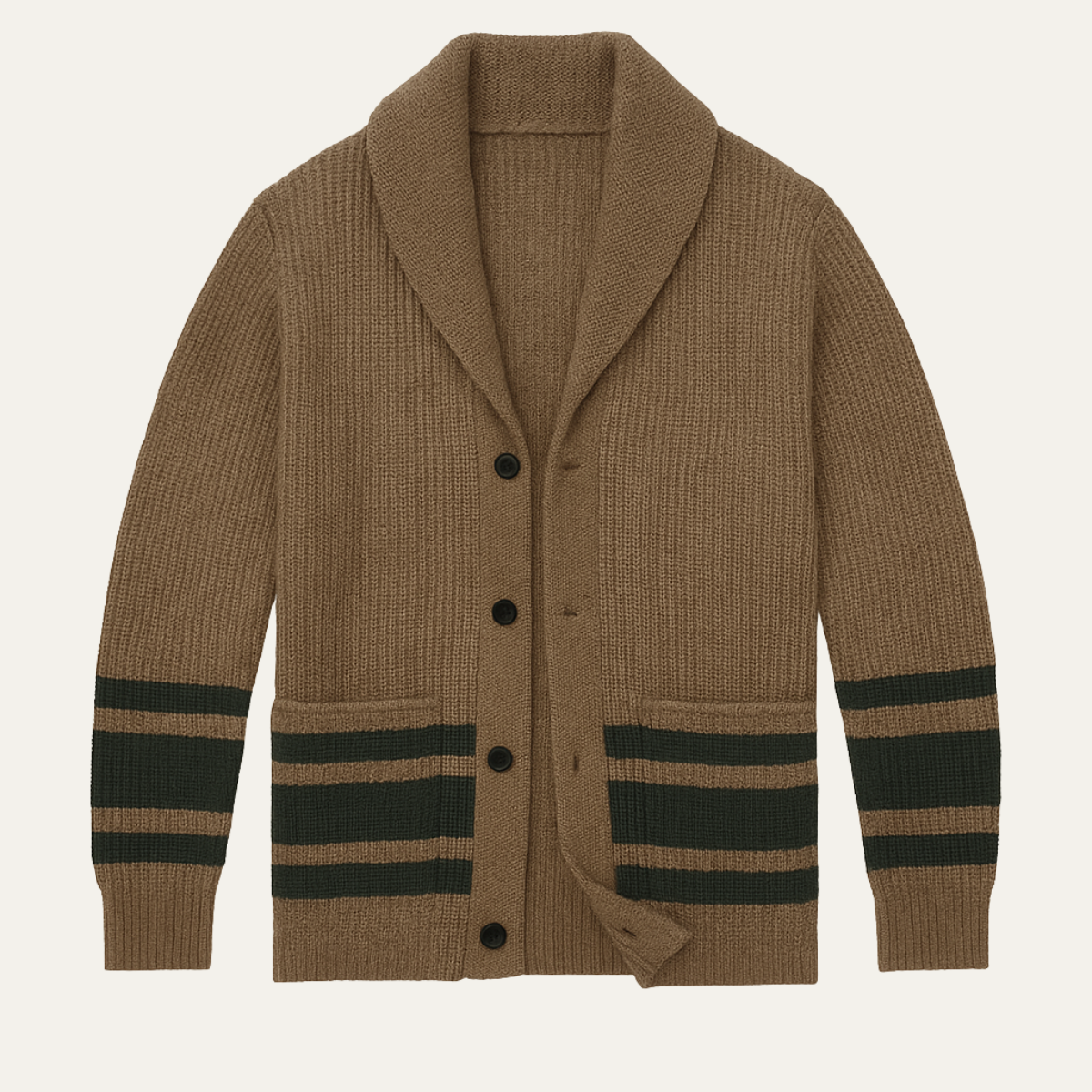 Jasper | Men's Cardigan Sweater Tan Stripe Black Ribbed Knit