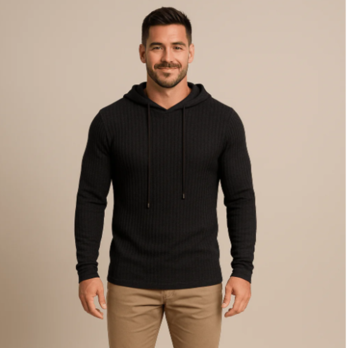 Wade | Men's Ribbed Knit Hoodie Brown Long Sleeve