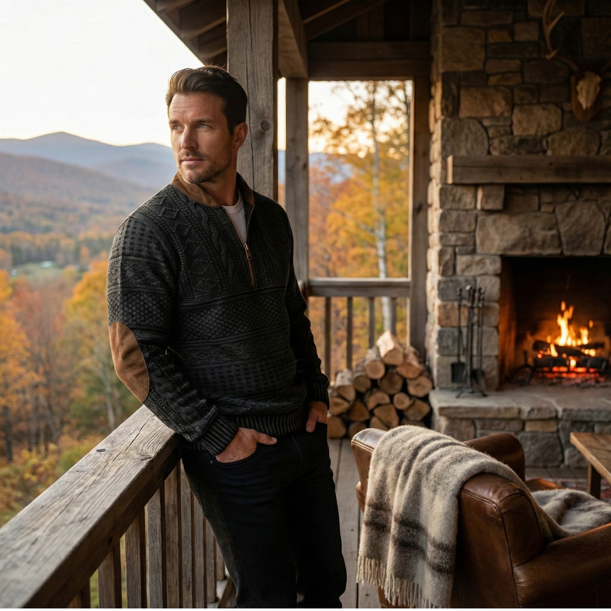 Beau | Men's Cable Knit Sweater Black Brown Elbow Patches Quarter Zip