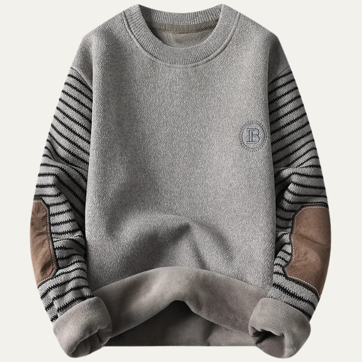 Bram | Men's Crew Neck Sweater Gray Striped Elbow Patch