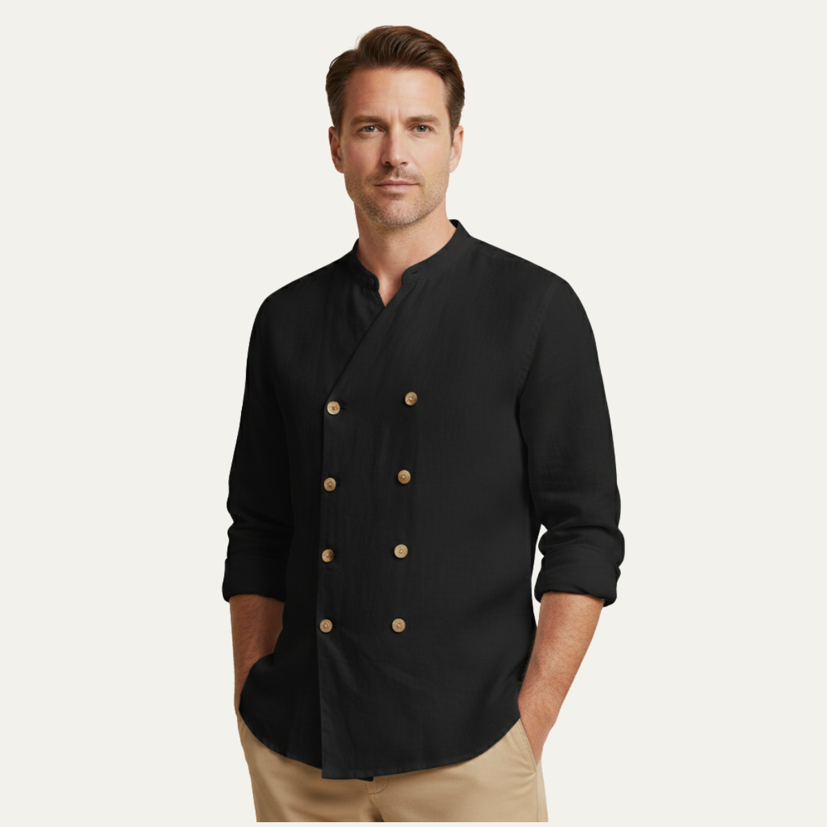 Kai | Men's Double Breasted Linen Shirt Cream Long Sleeve