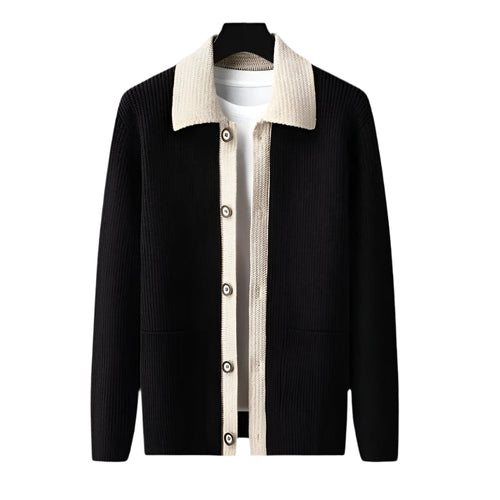 Dama Washington Axel men's collared cardigan sweater black cream knit - front view