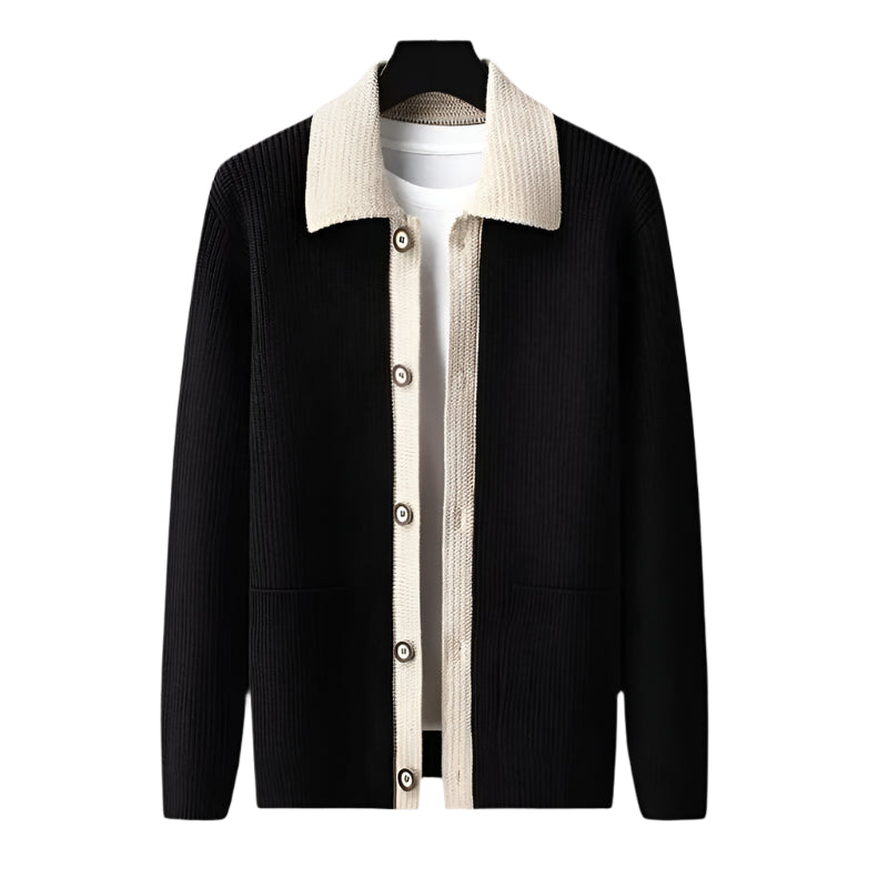 Axel | Men's Collared Cardigan Sweater Black Cream Knit