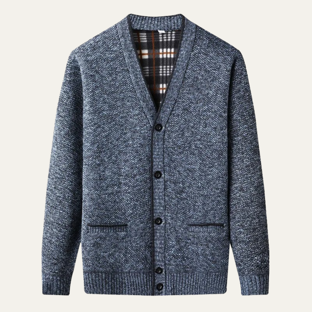 Dama Washington Callum men's gray cardigan sweater button up plaid lined - front view