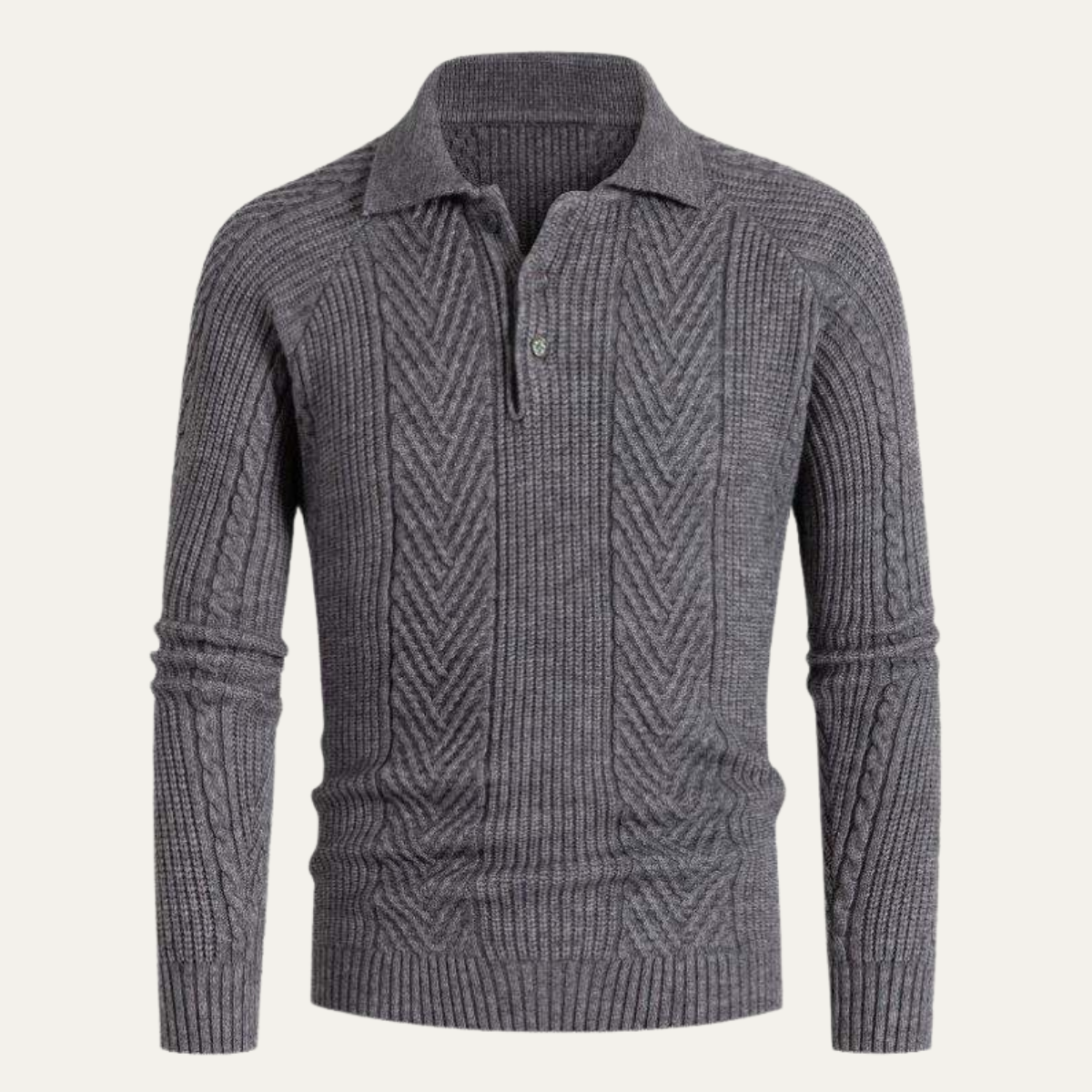 Beau | Men's Cable Knit Polo Sweater Gray Chunky Knit
