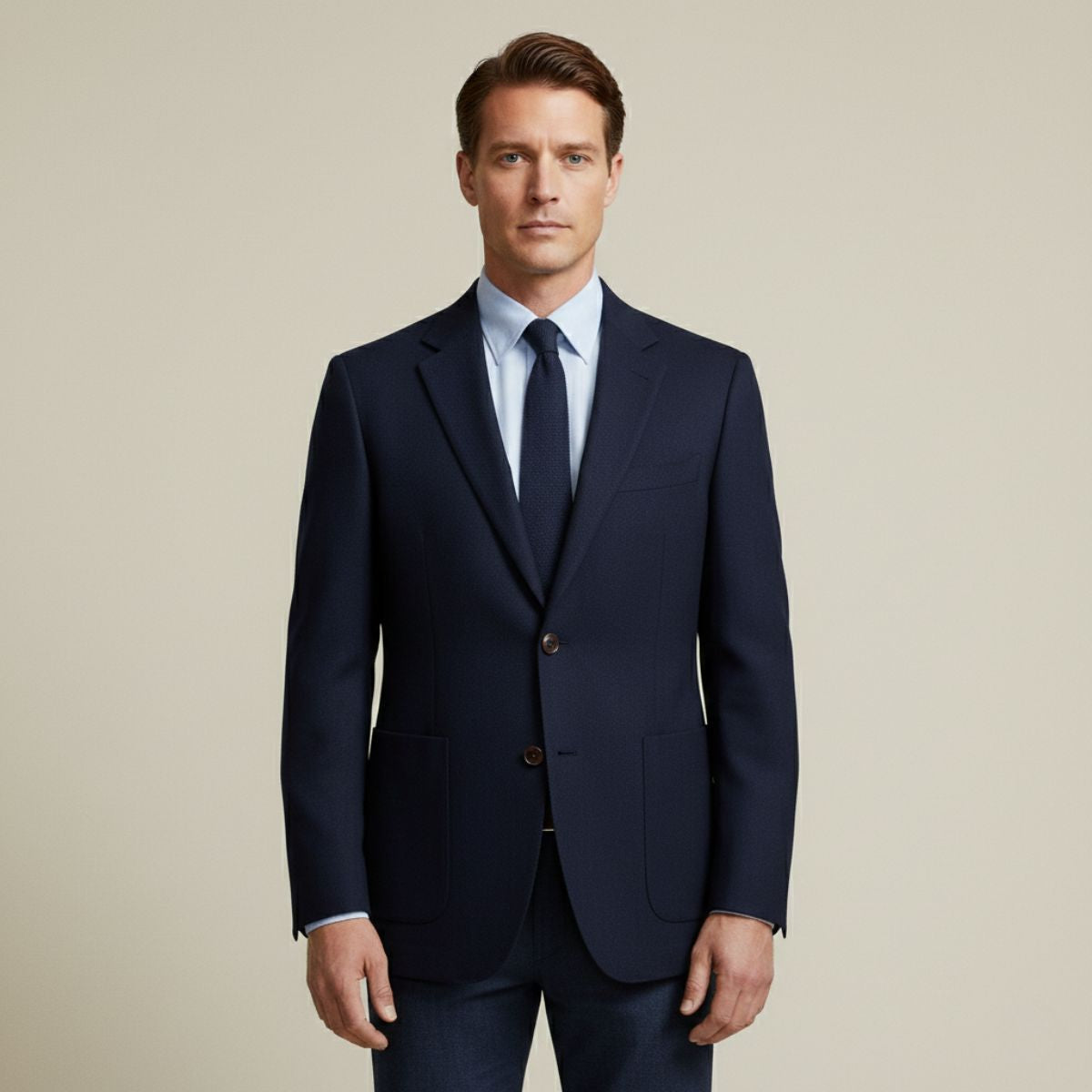 Evan | Men's Navy Herringbone Wool Blazer Single Breasted