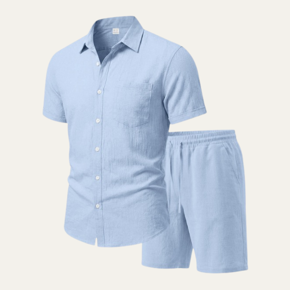 Silas | Men's Casual Linen Button Up Shirt Light Blue Short Sleeve