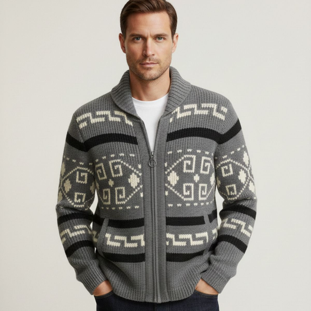 Bram | Men's Vintage Shawl Collar Cardigan Cream Geometric Pattern