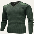 Dama Washington Bram men's ribbed v neck sweater sage green shoulder patch - front view