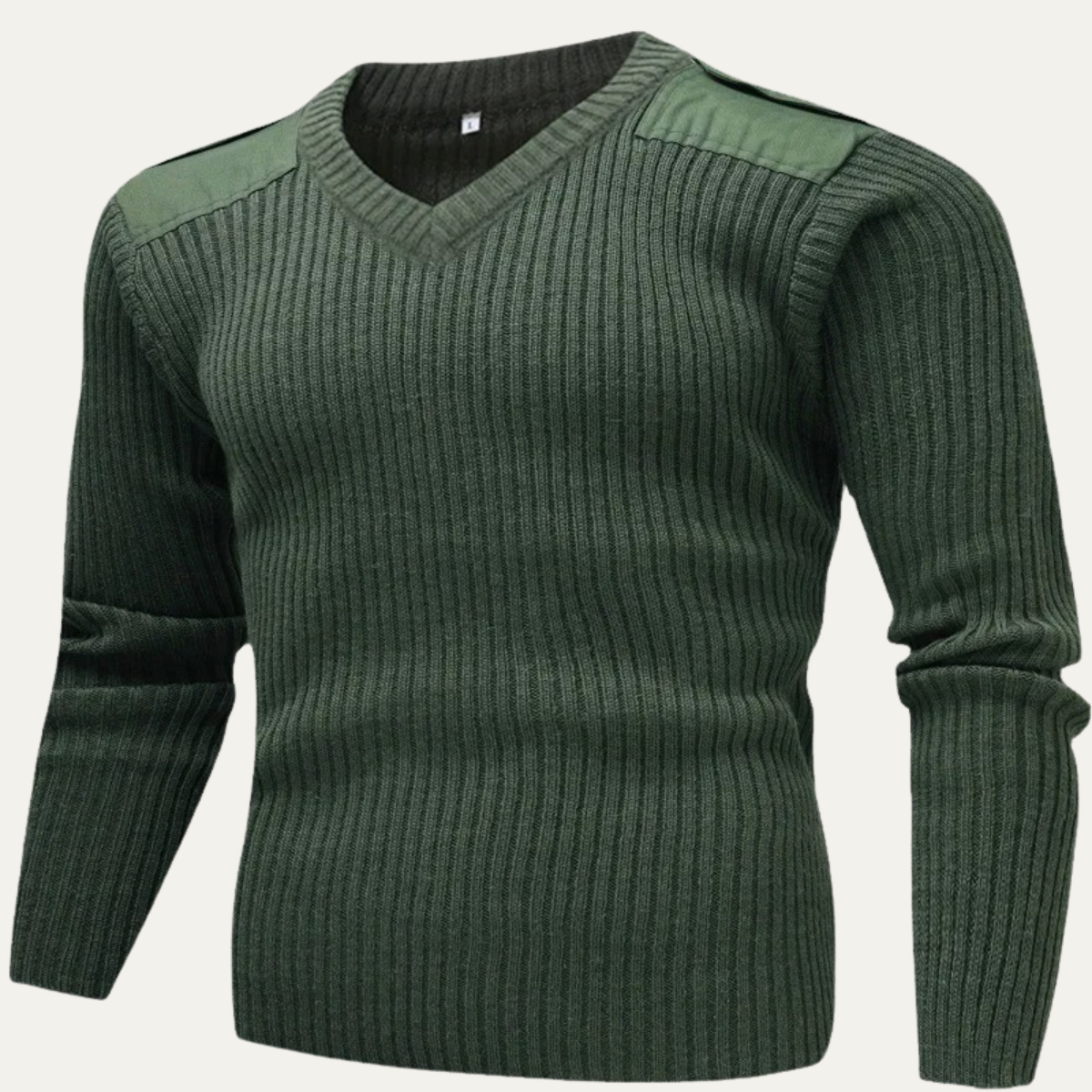 Bram | Men's Ribbed V Neck Sweater Sage Green Shoulder Patch