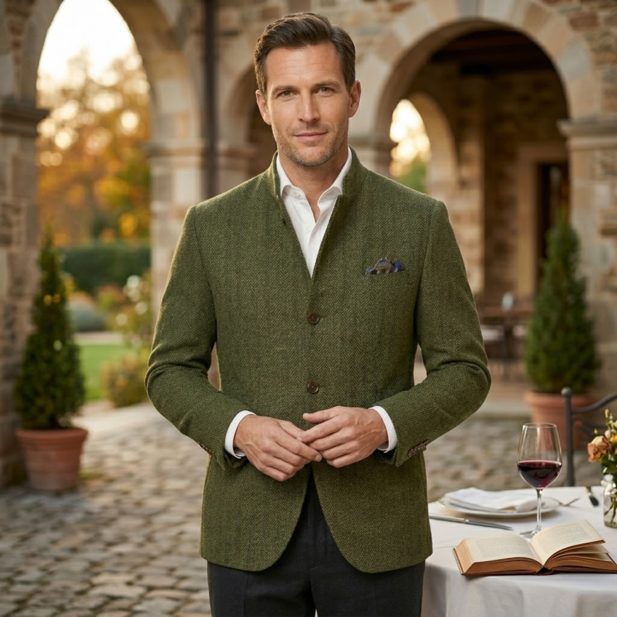 Callum | Men's Herringbone Wool Blazer Olive Green
