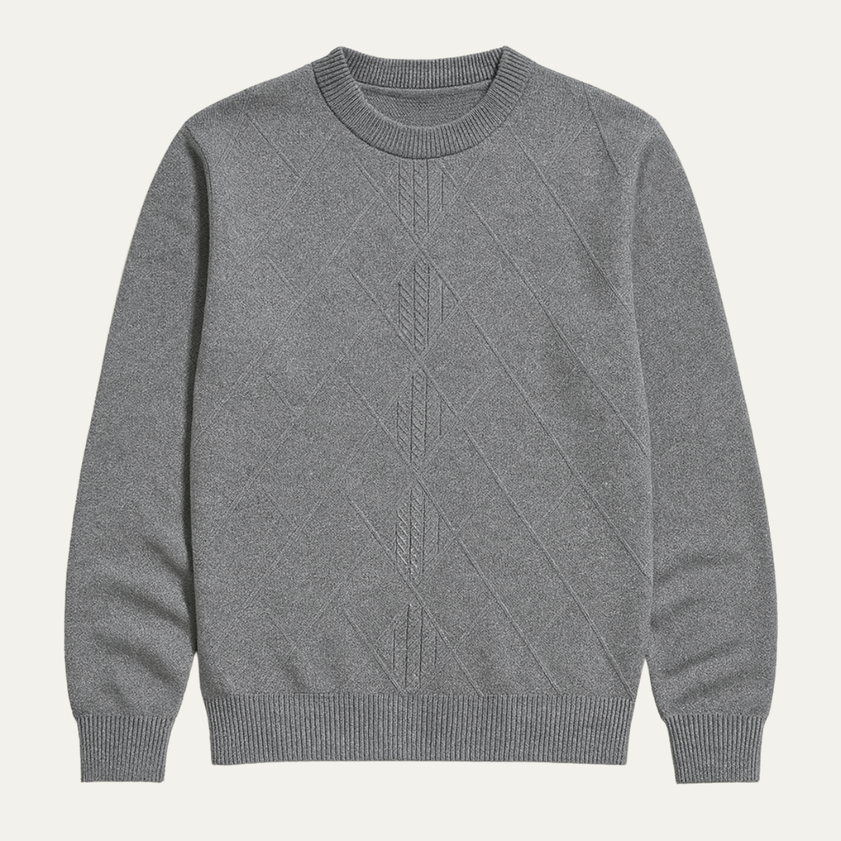Ives | Men's Cable Knit Sweater Gray Crew Neck Diamond Pattern
