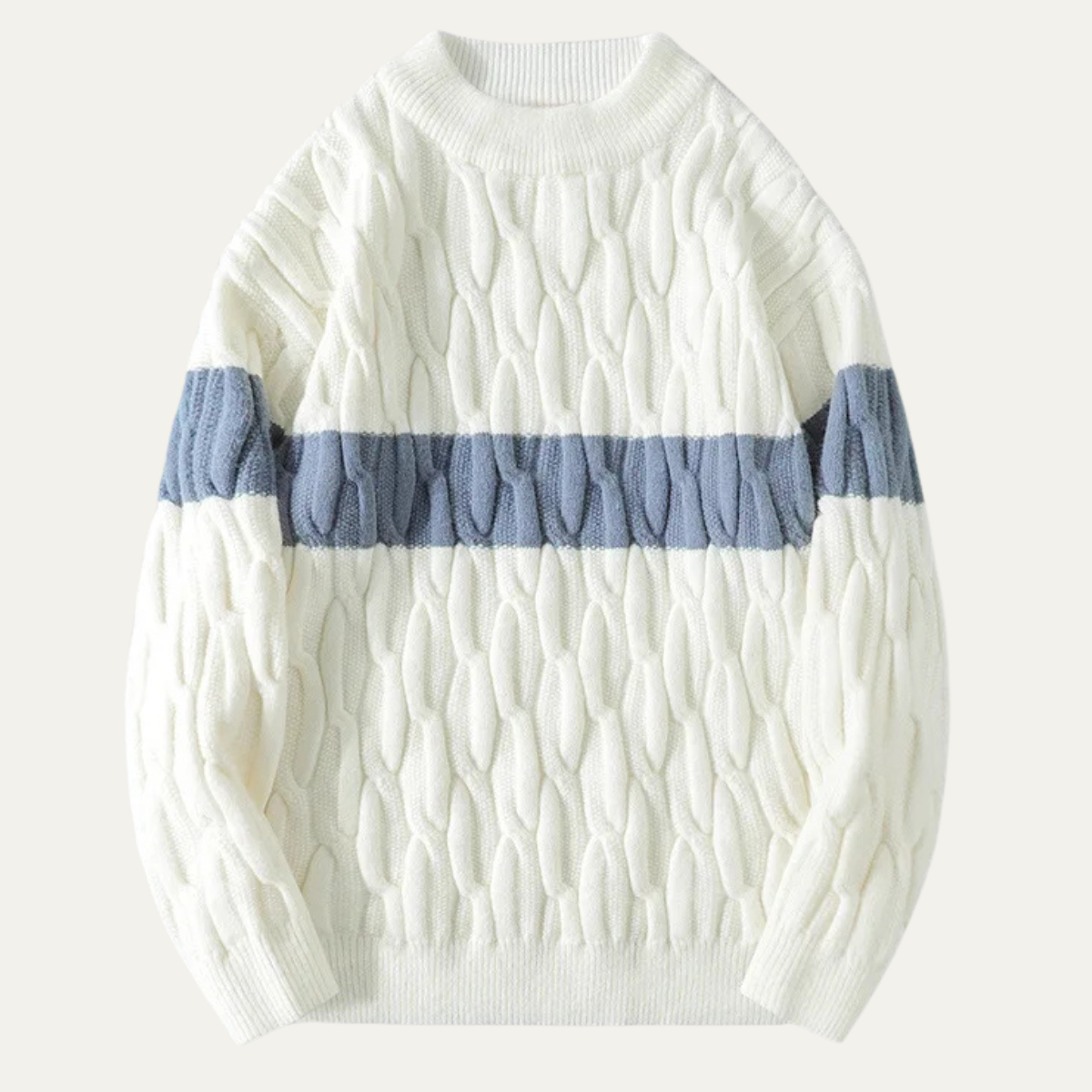 Beau | Men's Cable Knit Sweater Cream Blue Colorblock Stripe