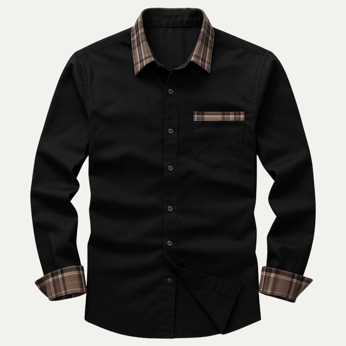 Erik | Men's Button Up Shirt Black Plaid Collar Long Sleeve