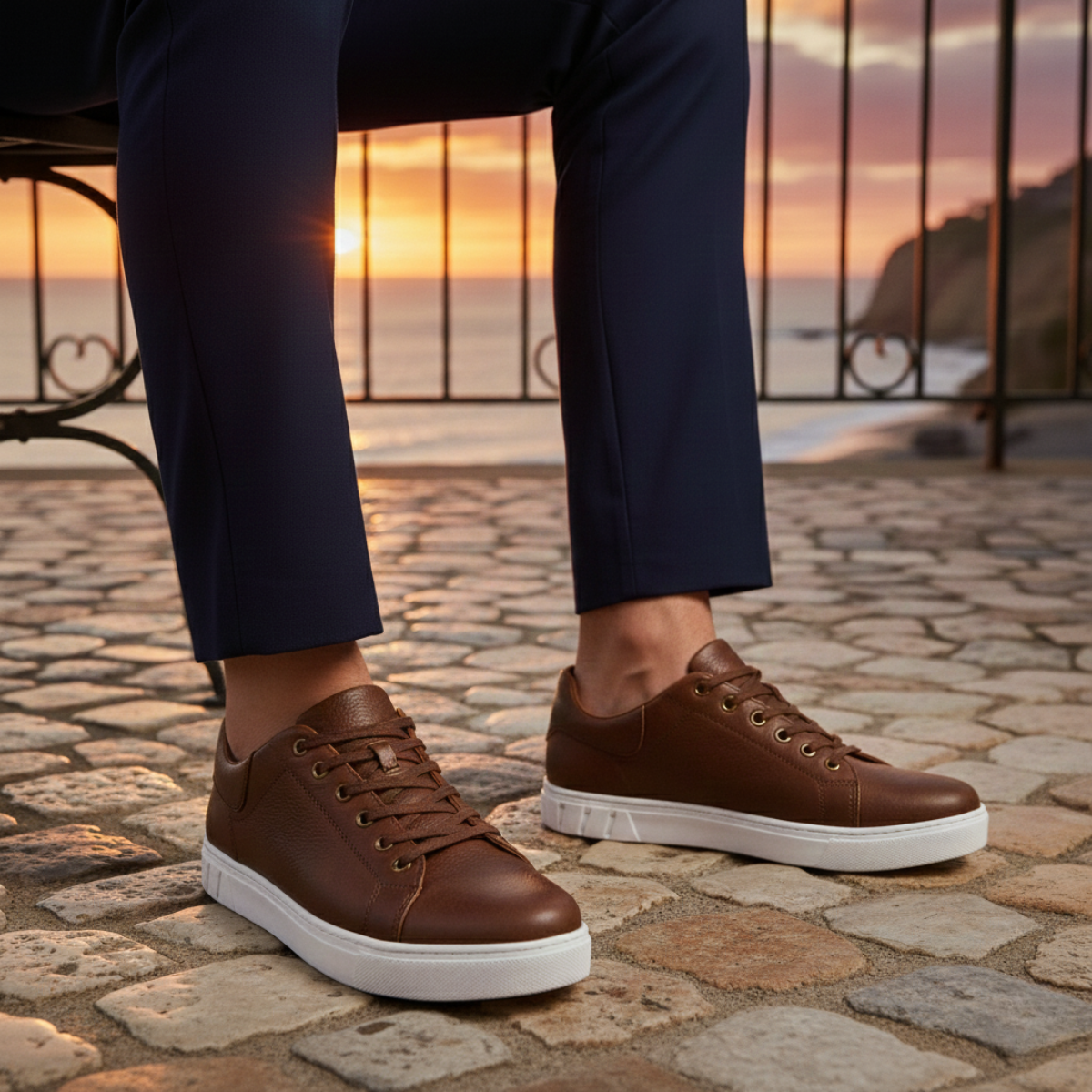 Kael | Men's Leather Low Top Sneaker Brown White Sole