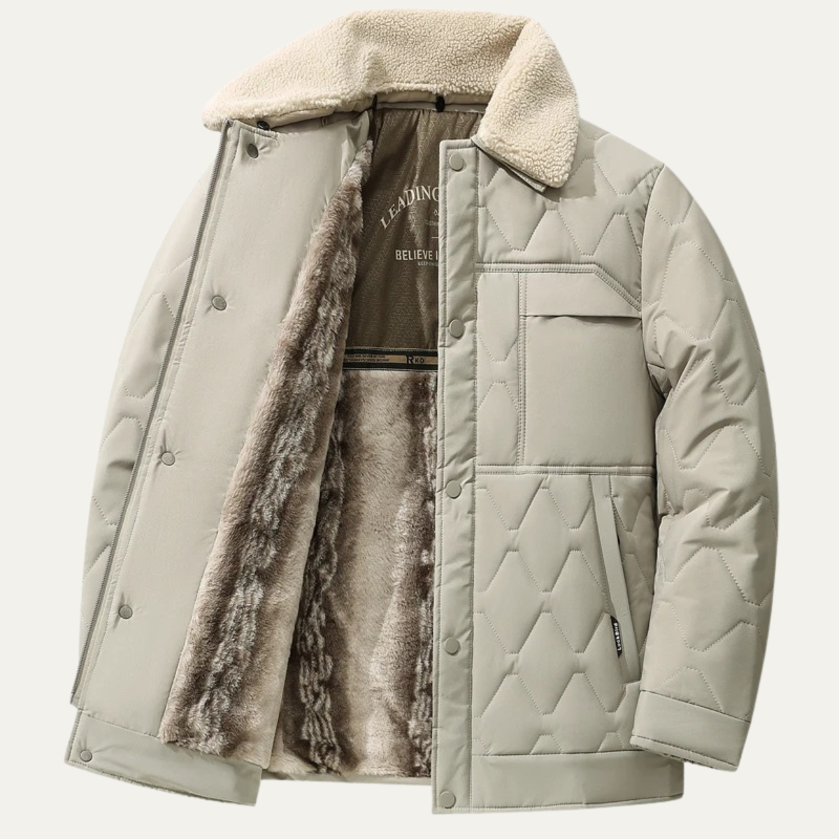 Axel | Men's Quilted Puffer Jacket Cream Sherpa Collar