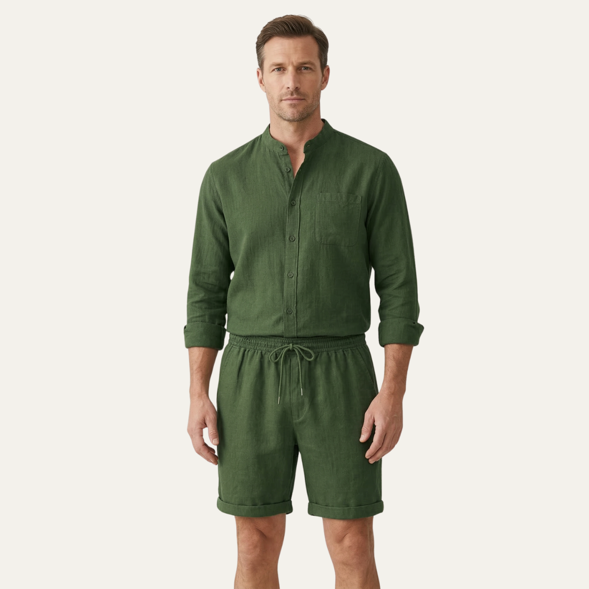 Ash | Men's Relaxed Linen Shorts Olive Green Elastic Waist