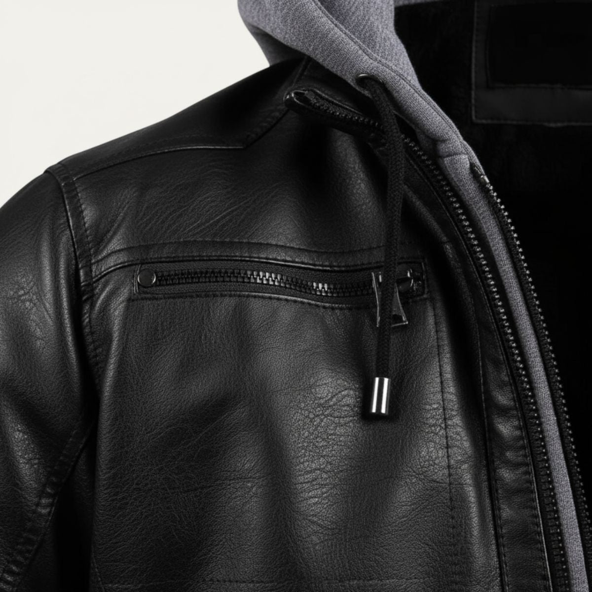 Voss | Men's Leather Jacket Black Hooded Bomber