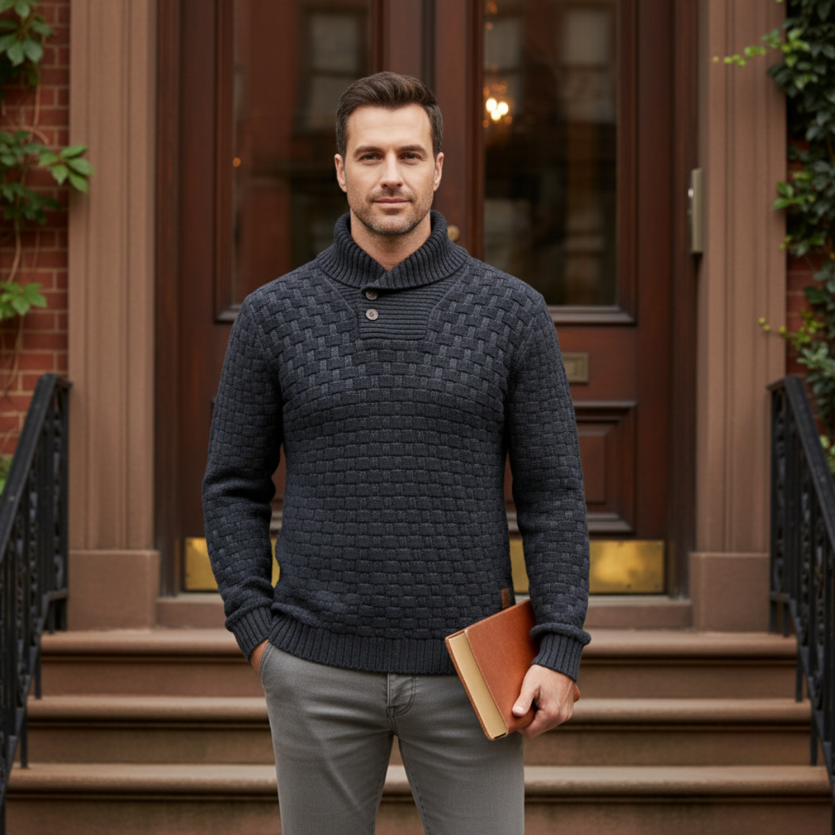 Beau | Men's Chunky Knit Sweater Navy Shawl Collar Button