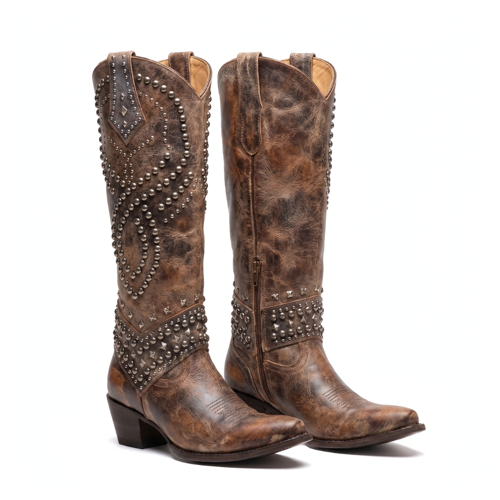 Aria | Women's Studded Cowboy Boots Purple Leather Knee High