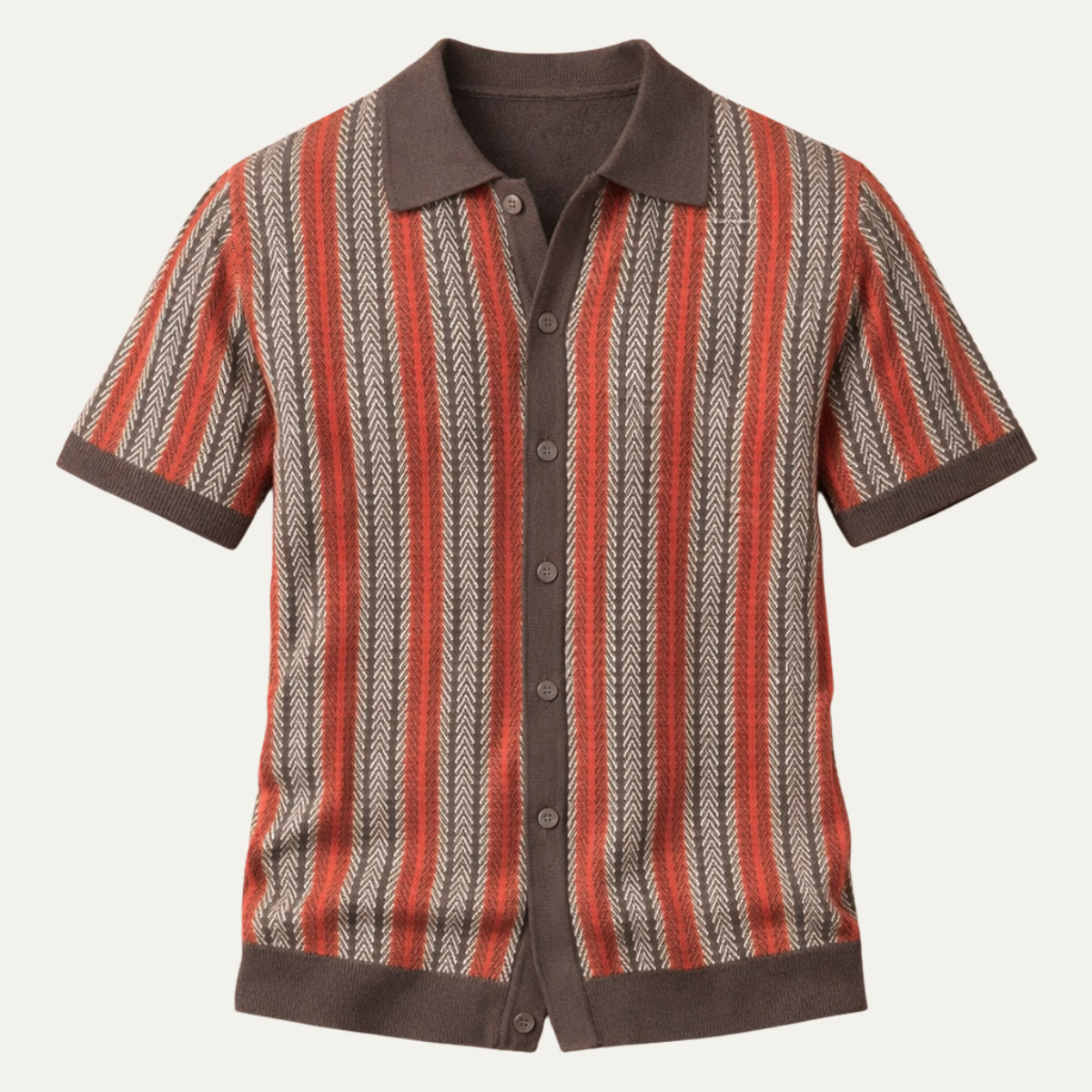 Beau | Men's Striped Knit Polo Shirt Red Brown Short Sleeve
