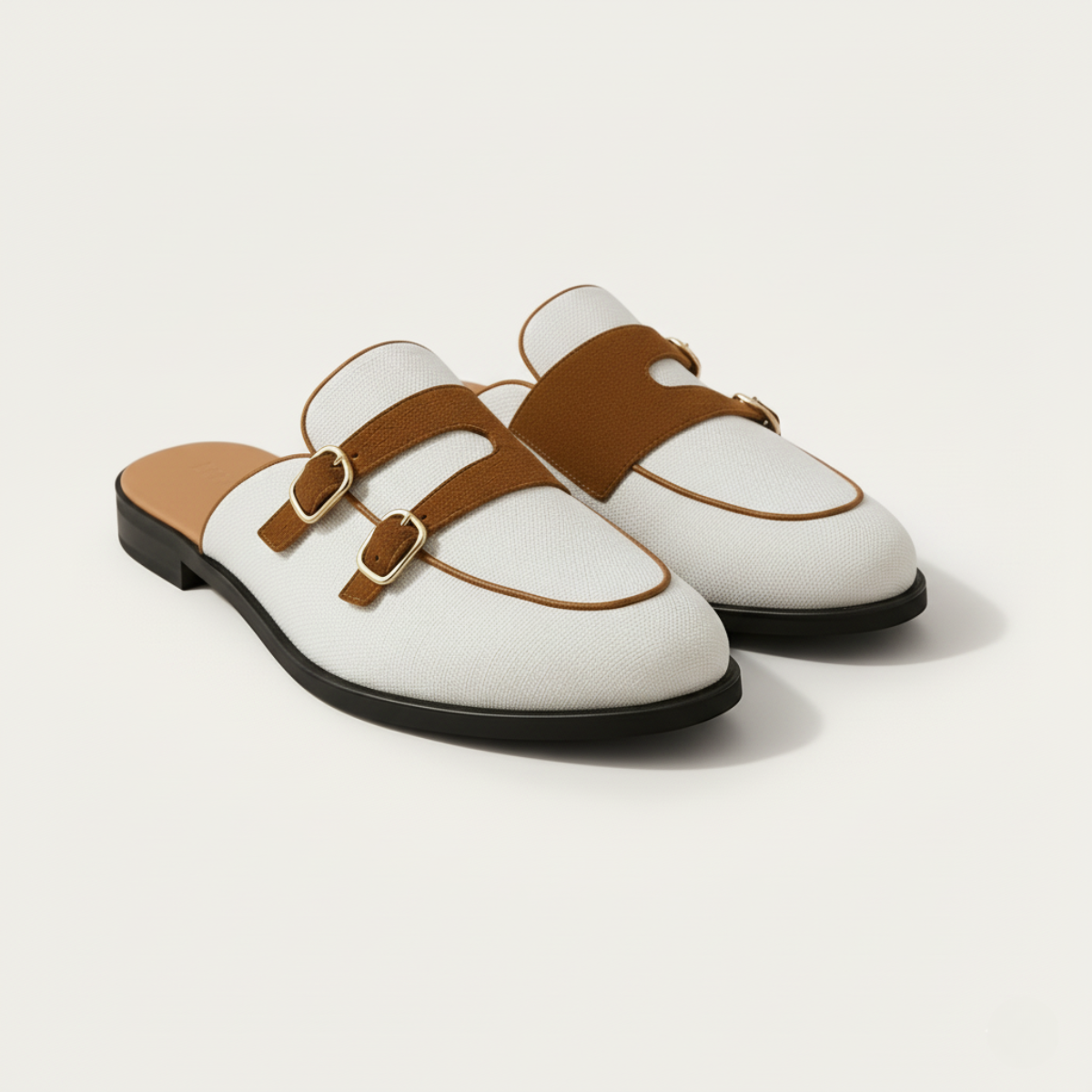 Marco | Men's Slip On Loafer White Canvas Brown Buckle