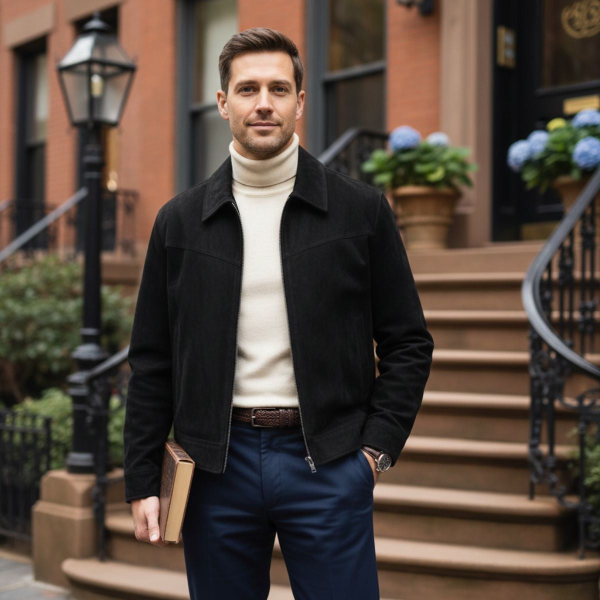 Axel | Men's Suede Leather Jacket Brown Collared Zip Up