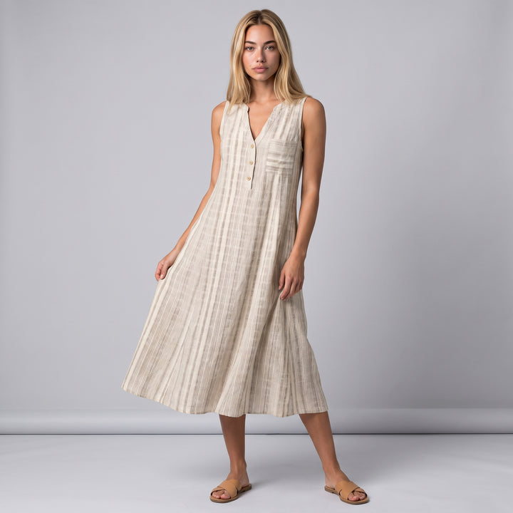 Dama Washington Luisa women's linen striped midi dress cream button front - model front view