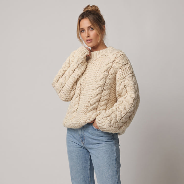 Dama Washington Sable women's cable knit sweater cream oversized fit - model front view